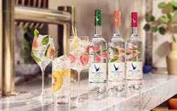 Grey Goose Fruit Infused Vodka bottles & Glasses on a bar