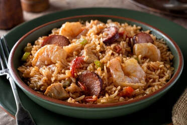 Bowl of shrimp perloo with sausage and rice