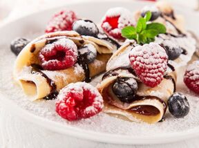 Chocolate Filled Dessert Crepes with Raspberries, Blueberries & Chocolate
