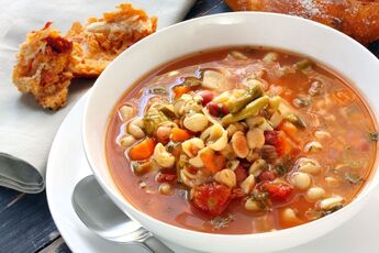 Bowl of Minestrone Soup & Bread on a Plate